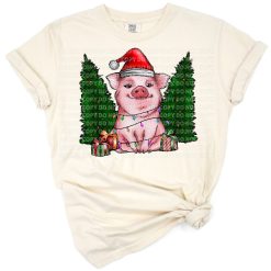 A cute pig wearing a Santa hat with holiday decorations and Christmas elements.