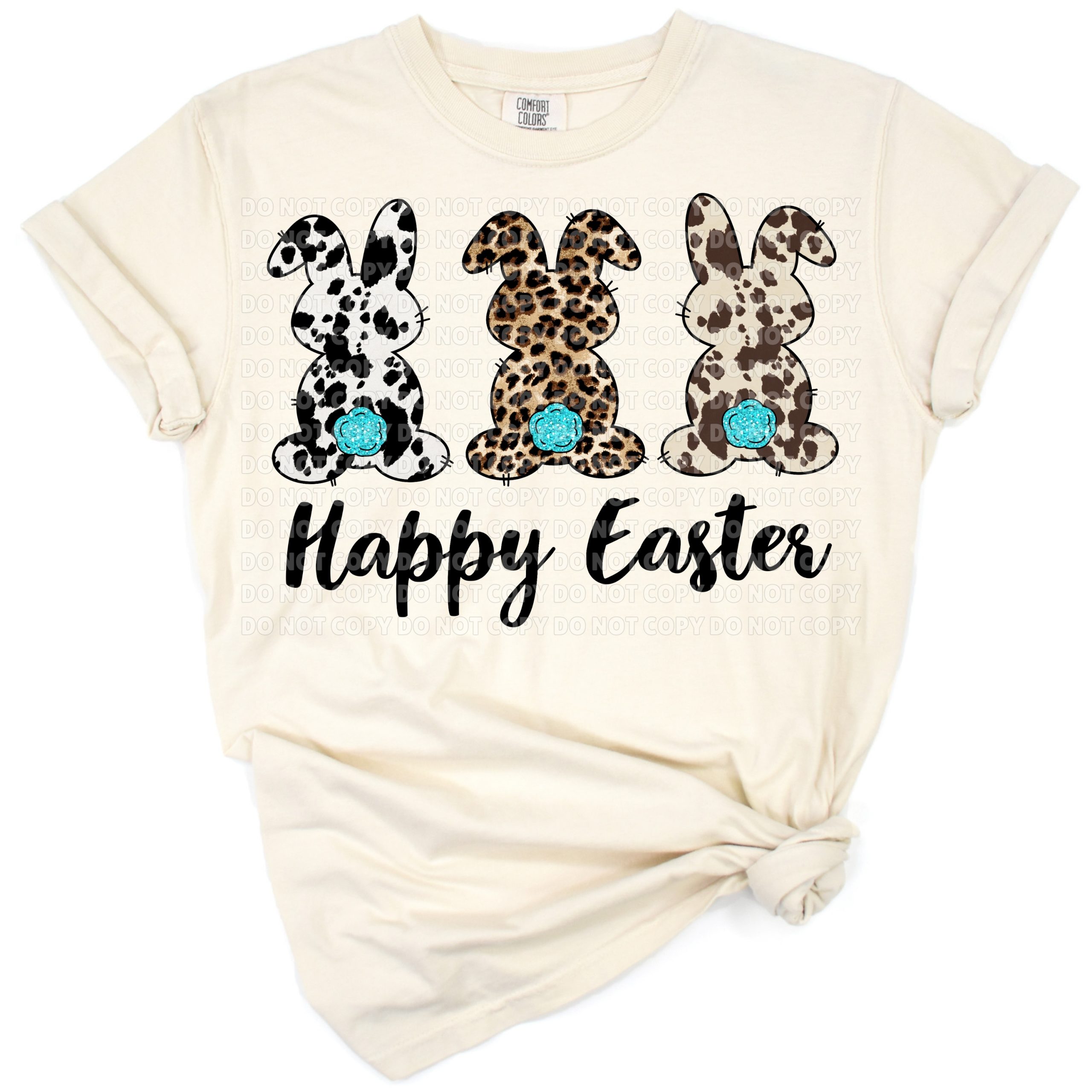 Three bunnies decorated with turquoise leopard, cheetah, and cowhide prints.