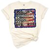 Rustic American flag with cowhide pattern on a distressed background.