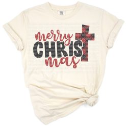 A buffalo plaid cross with Merry Christmas text and holiday winter accents.