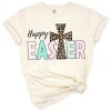 A colorful Easter cross with teal and pink leopard cheetah pattern in a playful spiritual style.