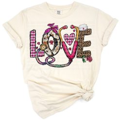 A playful nurse-themed Valentine’s Day design with red hearts and medical elements.