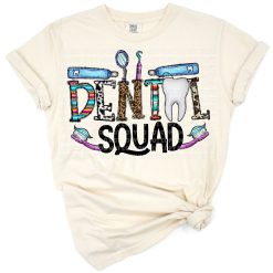 A playful illustration featuring cartoon teeth and dental-themed graphics.