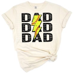 Stacked distressed lettering reading softball dad and mom with a lightning bolt accent.