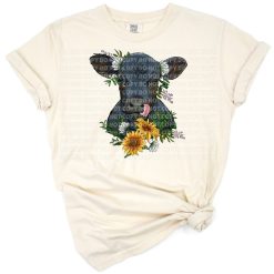 A black Angus calf with sunflowers and floral accents in a rustic farm style.