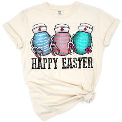 A cheerful nurse-themed egg with western accents and turquoise gemstone details for Easter.