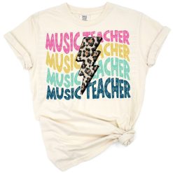 Illustration of a cheerful music teacher surrounded by musical notes in a colorful school theme.