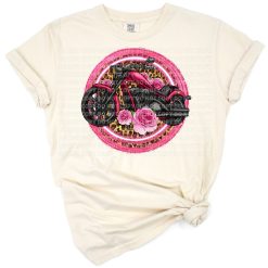 A hand drawn chopper motorcycle decorated with pink roses and floral accents.