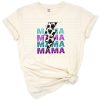 Stacked mama lettering in purple and teal with cow print spots and a lightning bolt accent