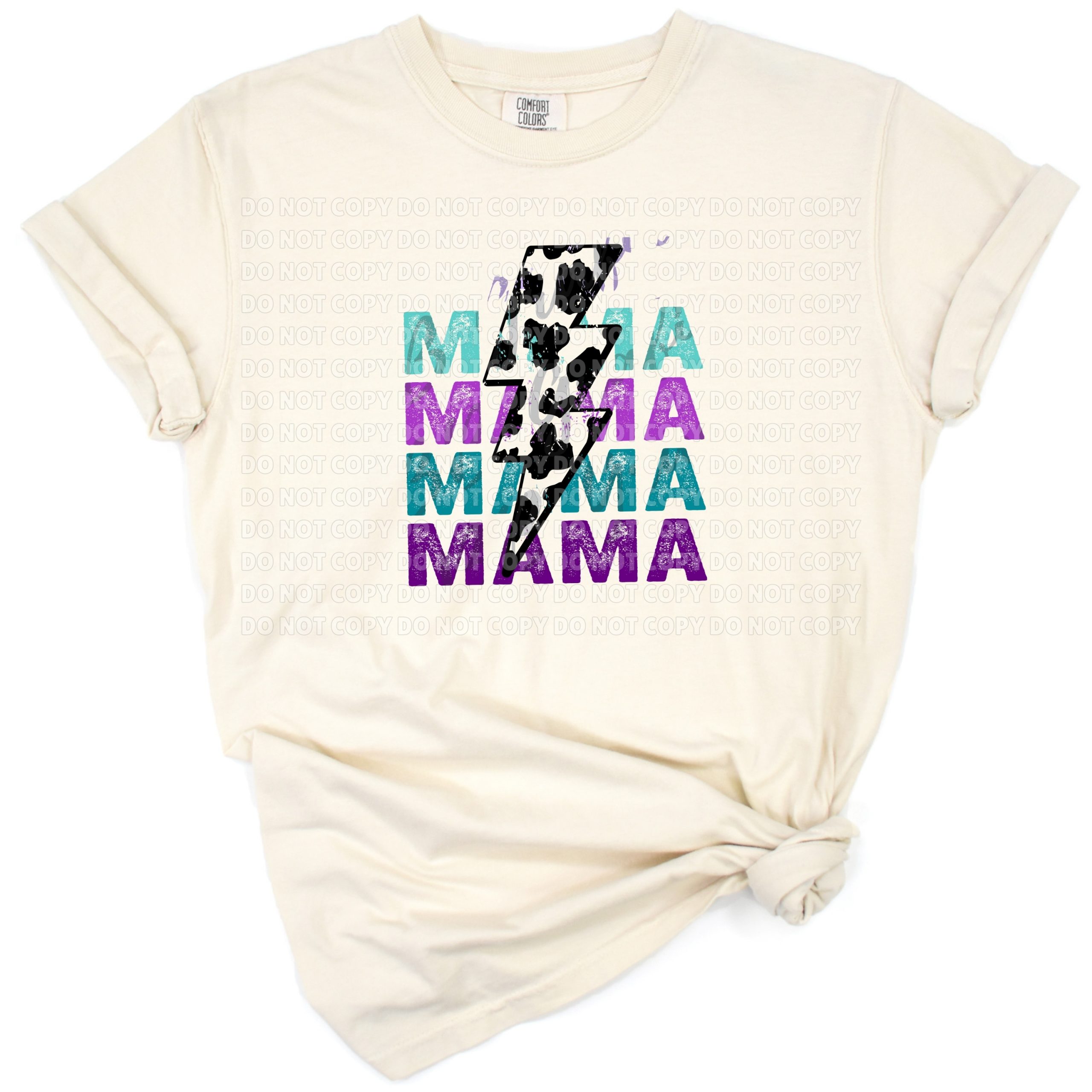 Stacked mama lettering in purple and teal with cow print spots and a lightning bolt accent