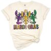 A colorful crawfish surrounded by Mardi Gras beads and festive elements in a lively design.