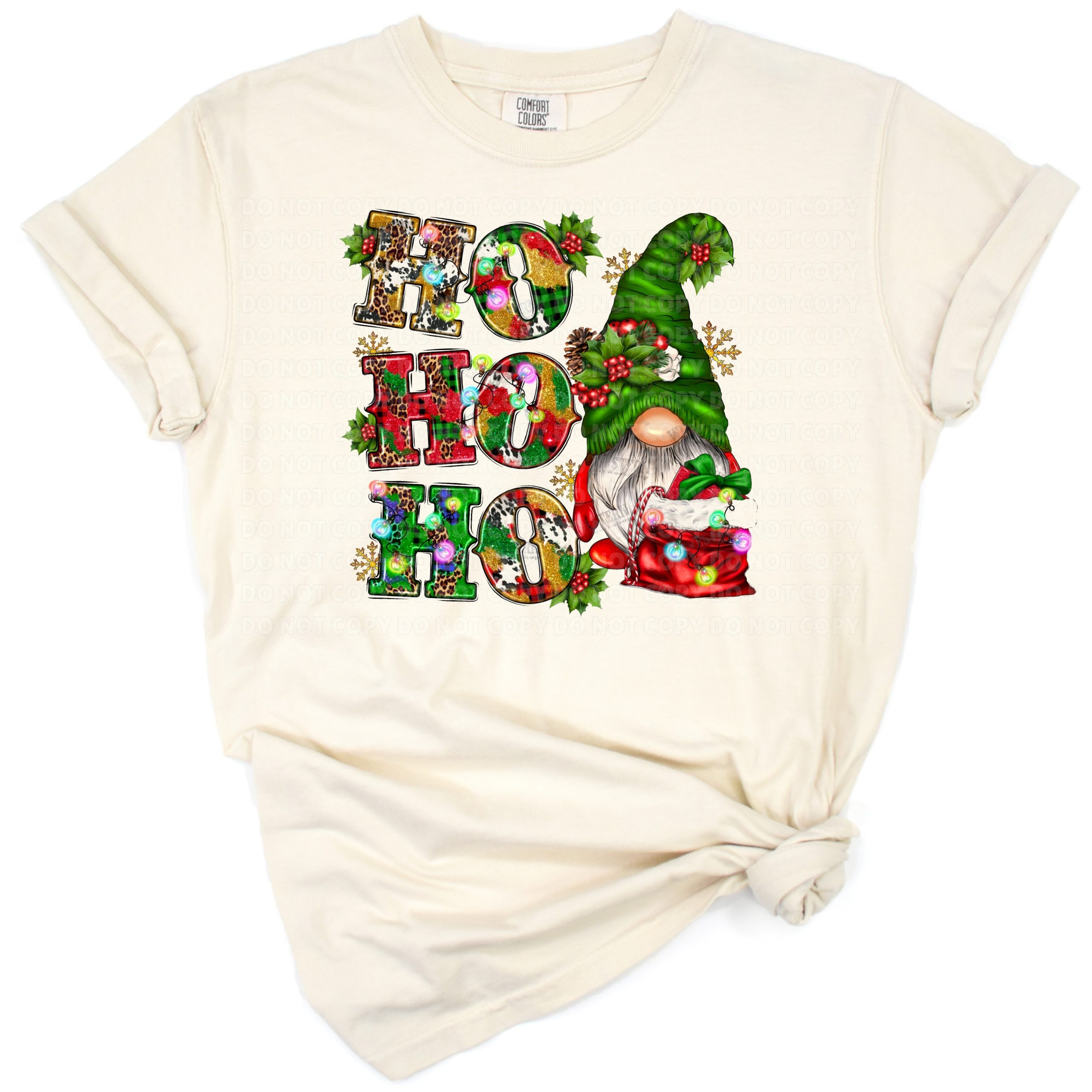 A cheerful western-style gnome dressed for Christmas with festive holiday elements.