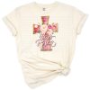 A pink floral gold cross with watercolor flowers and religious accents.