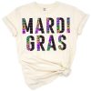 A colorful half leopard pattern blended with Mardi Gras themed elements in a festive composition.