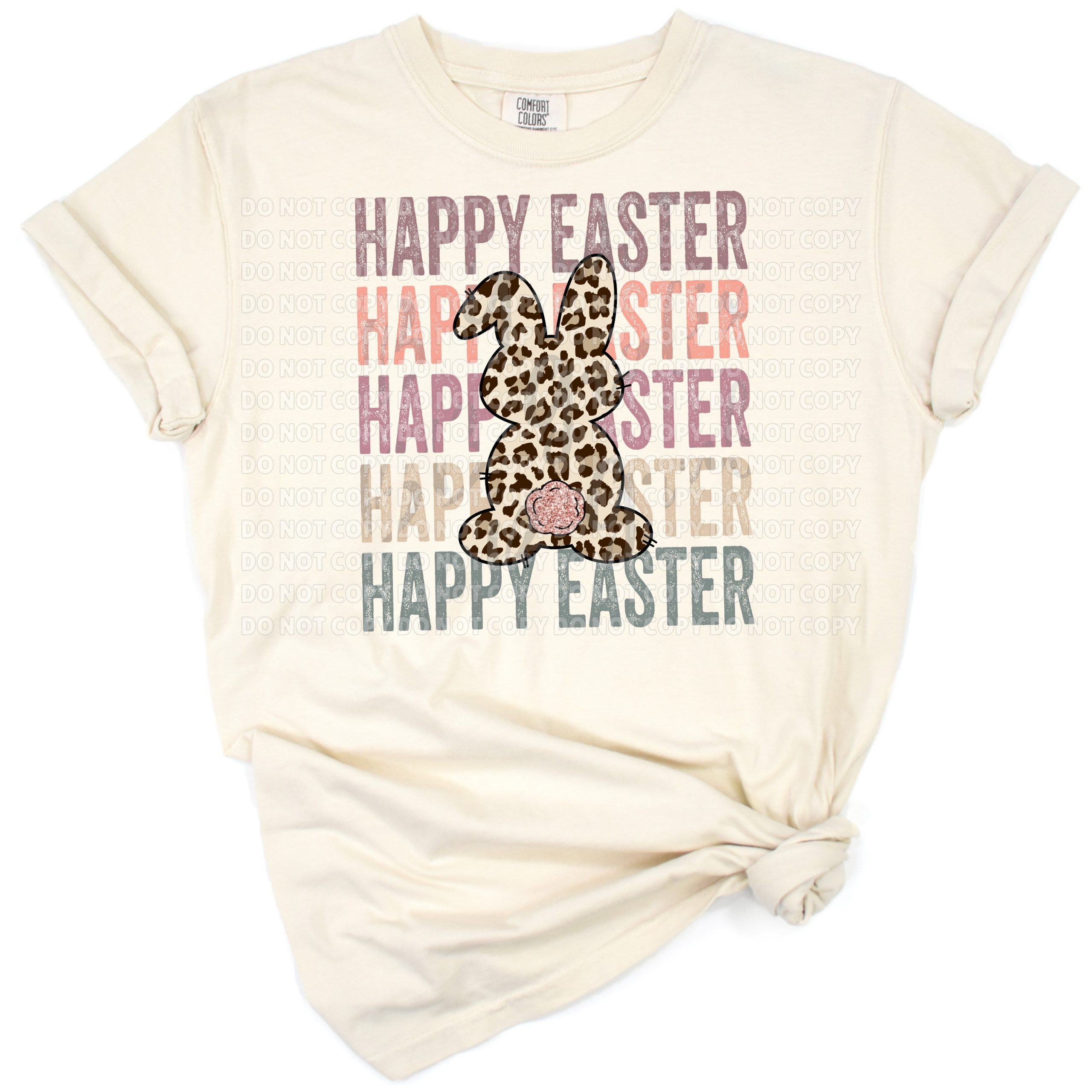 Stacked bunnies with cheetah and leopard patterns surrounded by Easter accents.