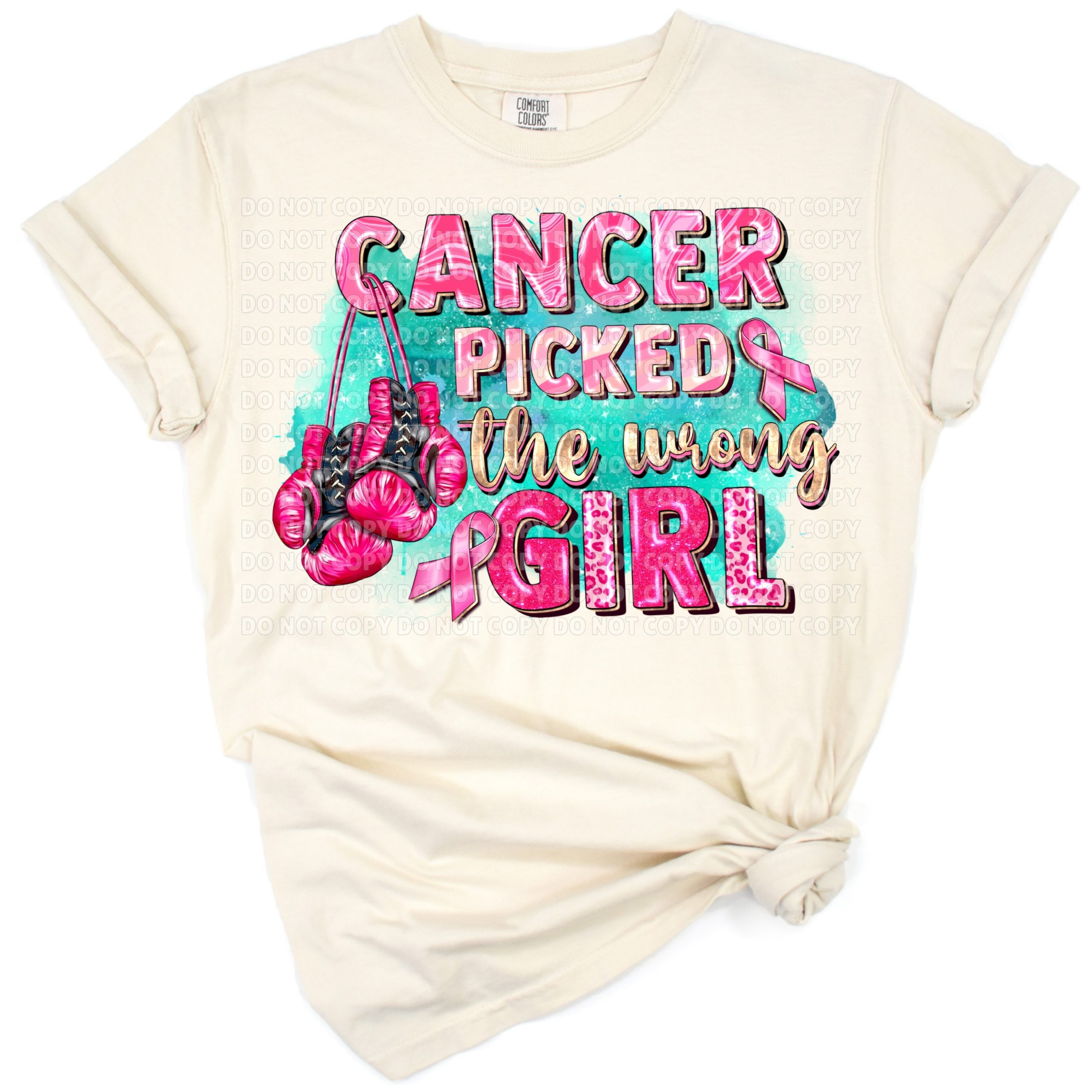 Boxing gloves hanging with a pink ribbon symbolizing cancer awareness.