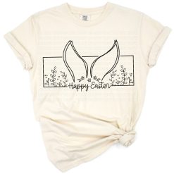 Illustration of bunny ears with pastel wildflowers in a spring arrangement.