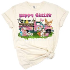 A vintage truck loaded with cheerful Easter farm animals and colorful spring decorations.