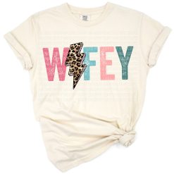 A retro distressed cheetah and leopard lightning bolt with wifey wife text.