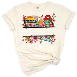A retro classroom styled design featuring a personalized teacher name and school themed elements.