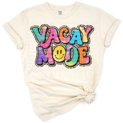 A retro themed Vacay Mode rainbow and beach graphic with playful summer colors.