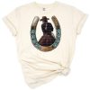 Retro country cowgirl horseshoe with bold rodeo western style elements.