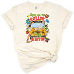 A playful western-themed school bus with retro lettering and a humorous phrase.