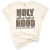 Leopard print with bold faith-inspired text in a grunge retro style.