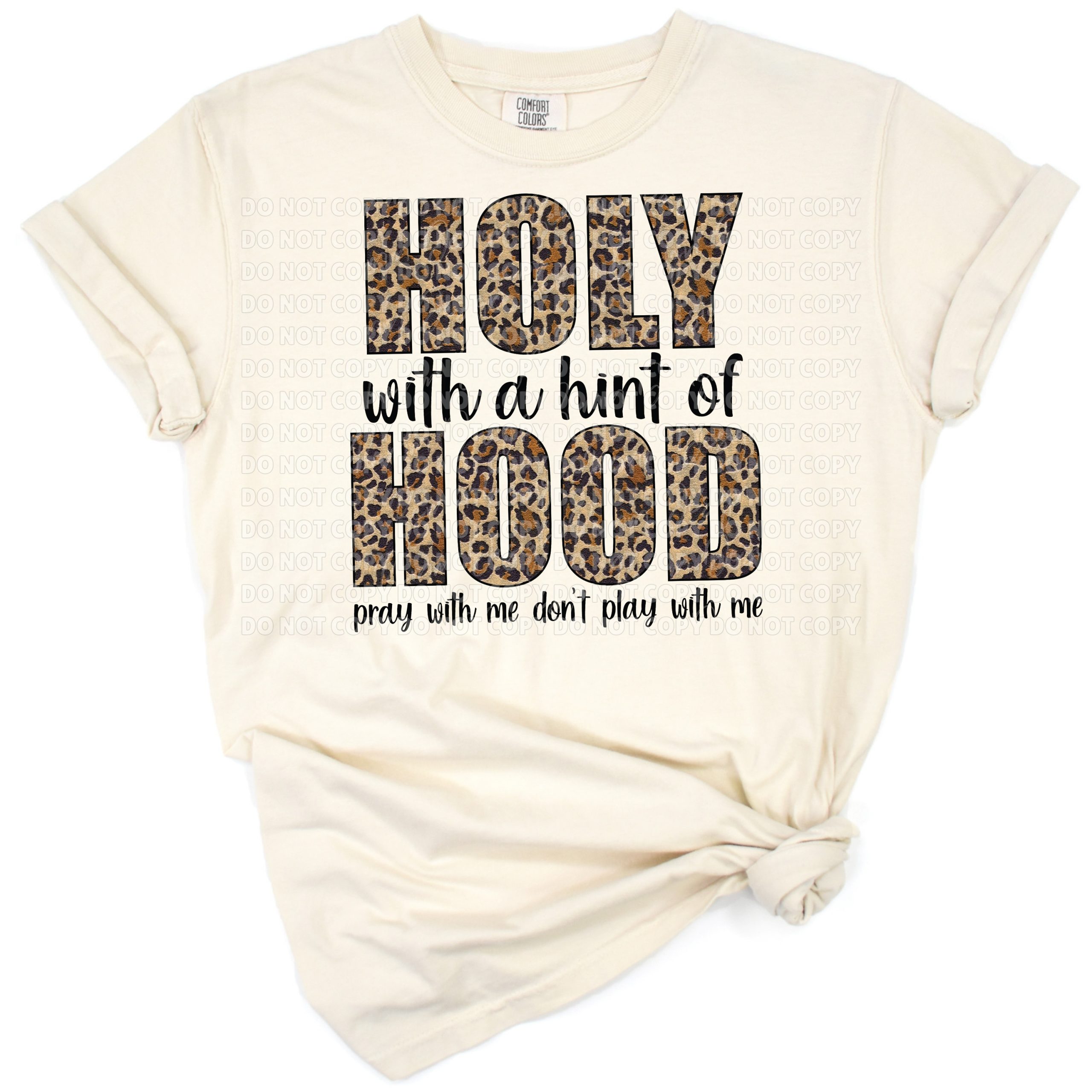 Leopard print with bold faith-inspired text in a grunge retro style.