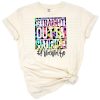 Colorful tie dye leopard print with humorous mom saying in bold retro style.