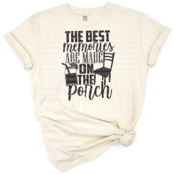 A retro-style quote graphic about making memories on the porch with decorative script and accent details.