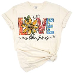 Watercolor pastel flowers with hand-lettered Love Like Jesus text in script.