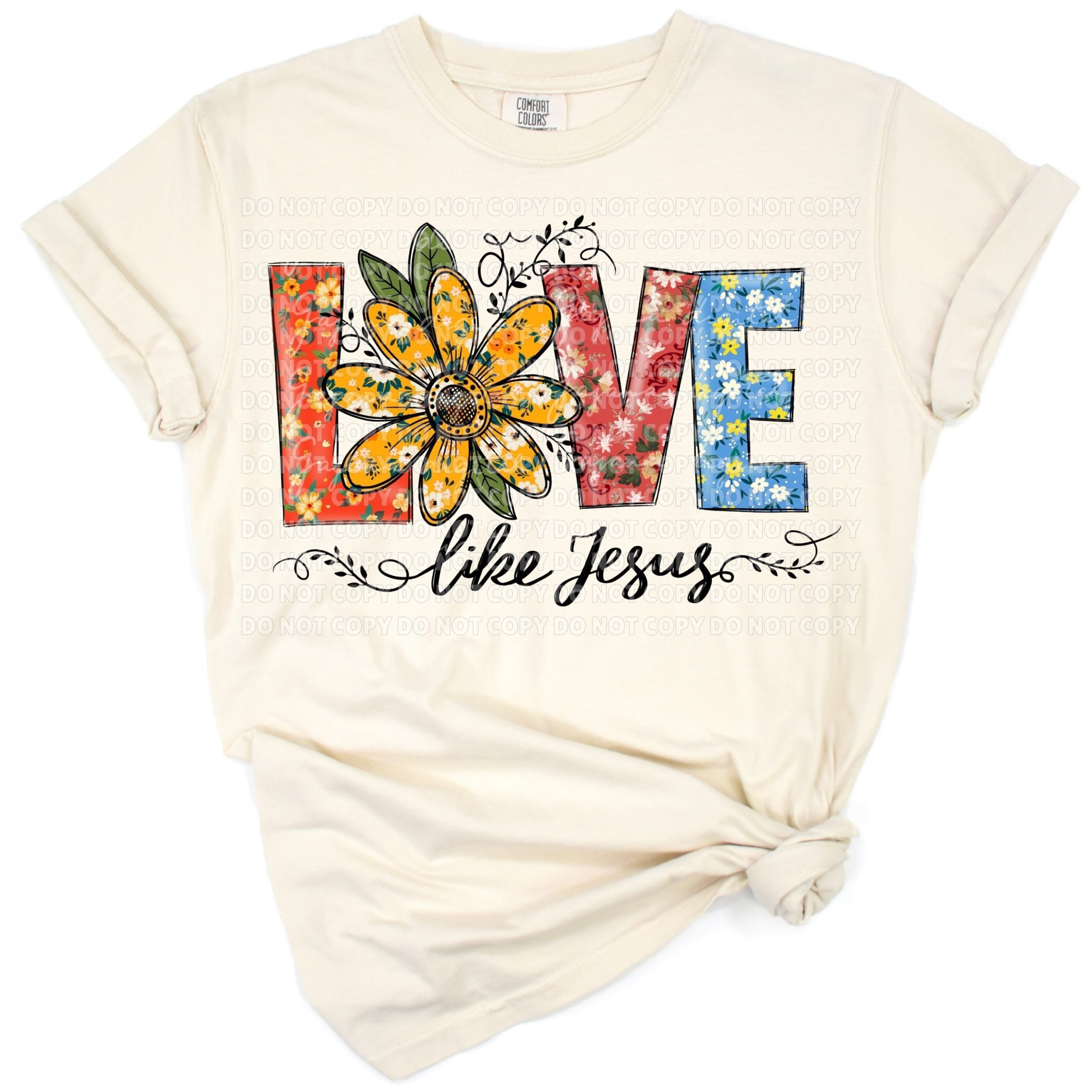 Watercolor pastel flowers with hand-lettered Love Like Jesus text in script.