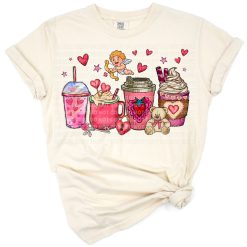 Cute illustration of coffee drinks with hearts and Valentine’s Day accents.