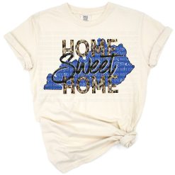 A graphic of Kentucky state shape filled with a trendy leopard print and decorative text.