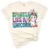 A cute hand drawn unicorn with sparkling accents and a whimsical, colorful style.