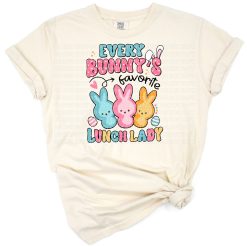 A cheerful cartoon lunch lady with bunny ears surrounded by Easter eggs and festive decorations.