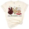 A retro style Mrs Claus with peace and love symbols in a festive Christmas theme.
