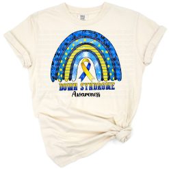 A cheerful rainbow artwork in blue and yellow, symbolizing Down Syndrome awareness.