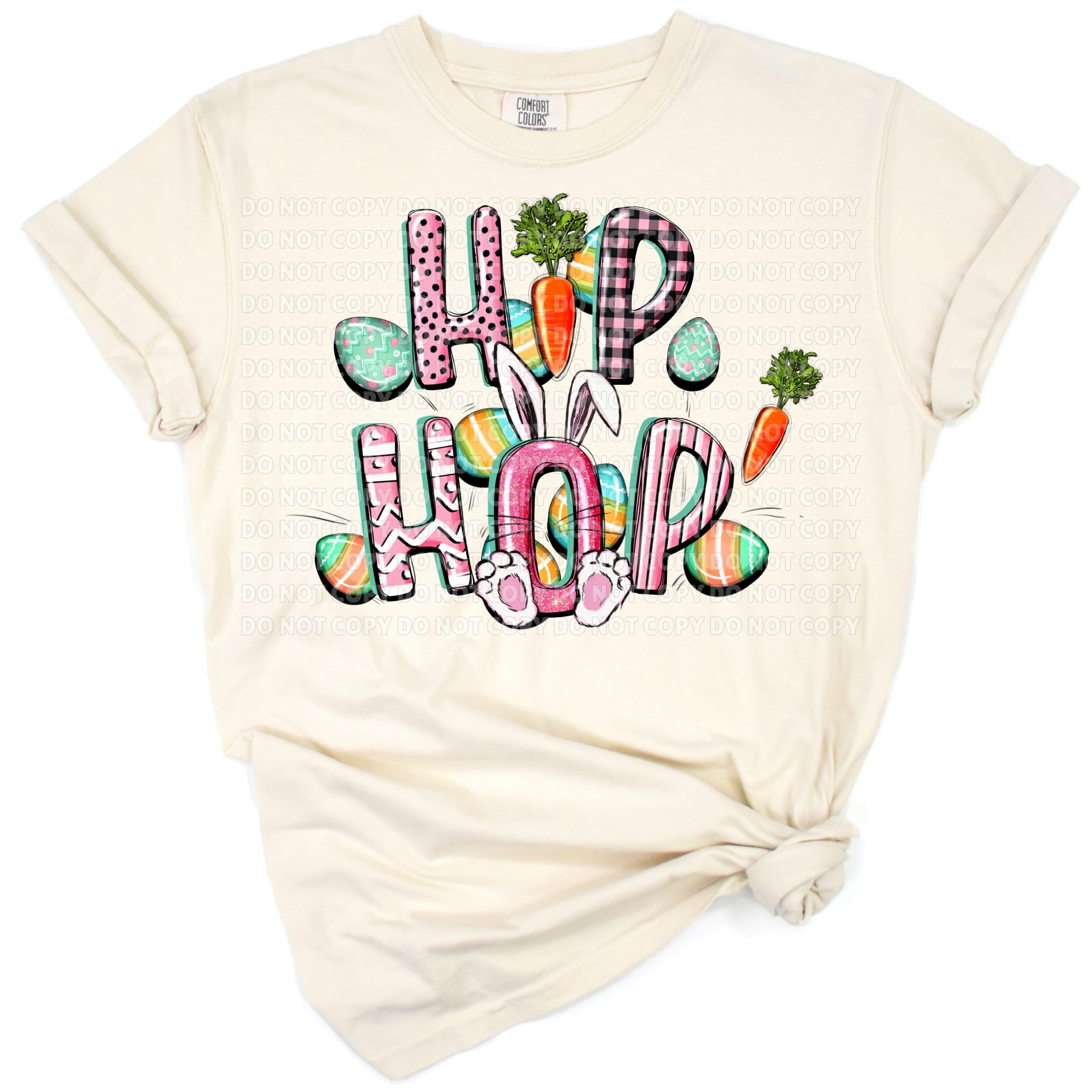 Cartoon Easter bunny in hip hop streetwear with playful holiday decorations.
