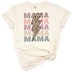 Stacked mama letters with distressed cheetah and leopard print lightning bolt accents