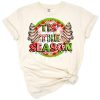 A festive retro Christmas design with leopard print accents and holiday theme.